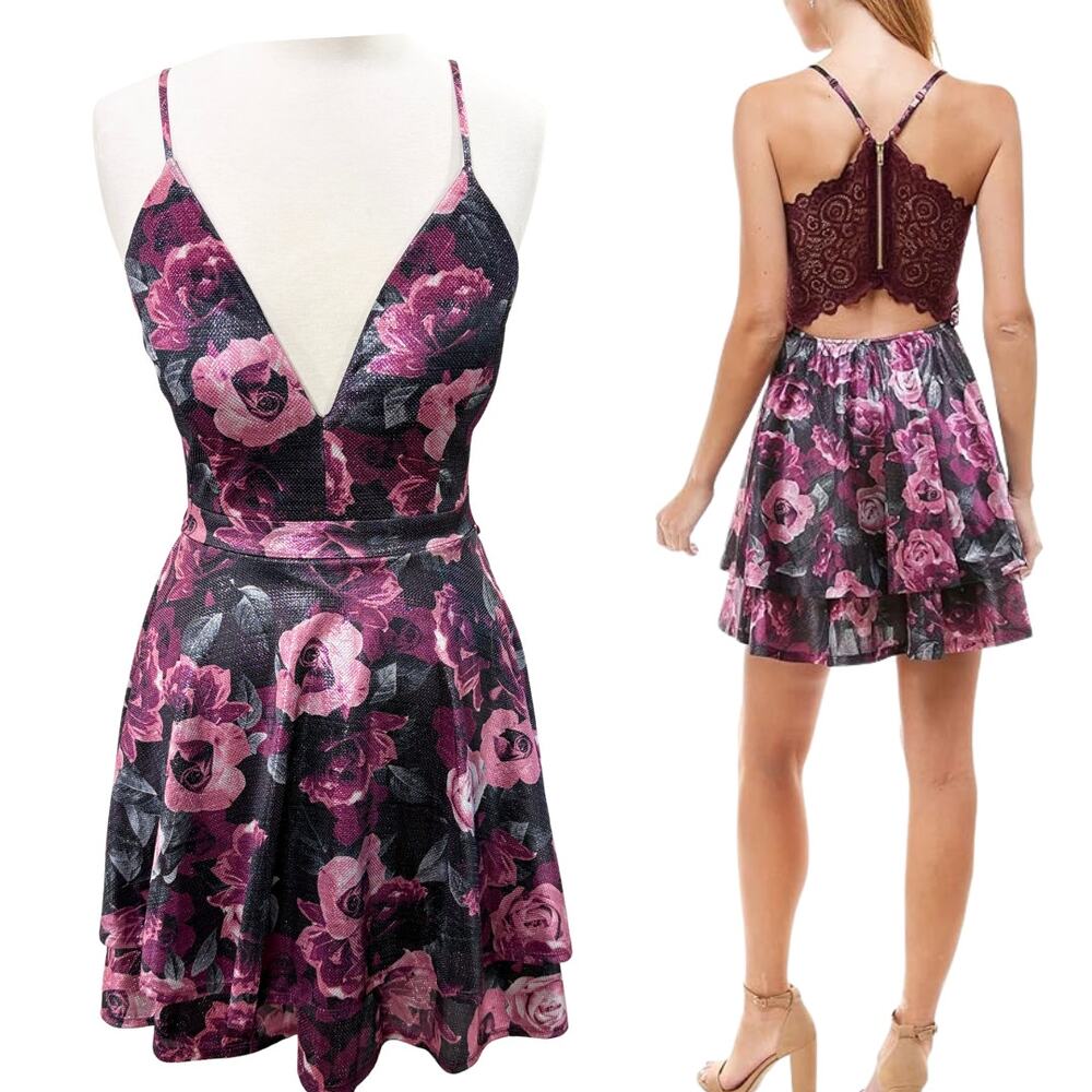 Emerald Sundae Pink and Black Floral Lace-Back Mini Dress